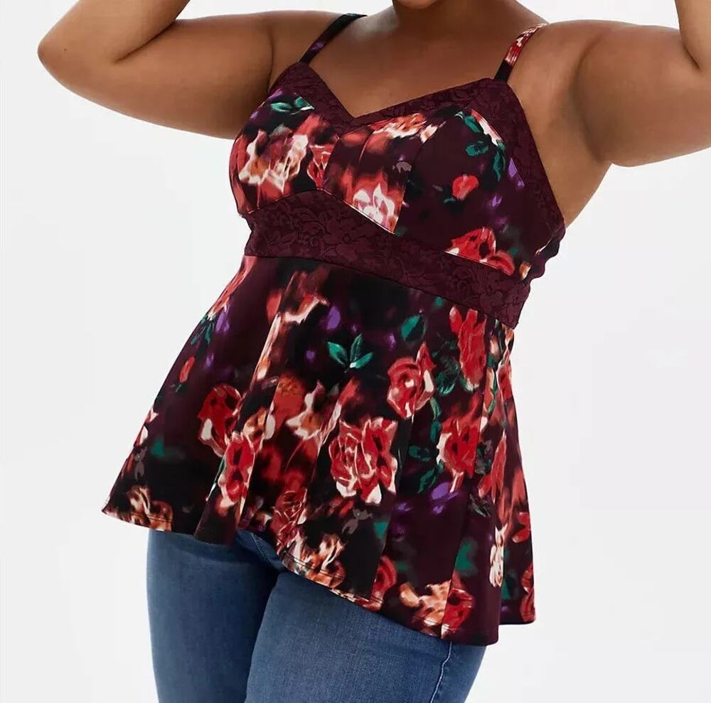 Torrid Scuba Knit and Lace Peplum Top V Neck Burgundy Purple Floral 1X Tank Top